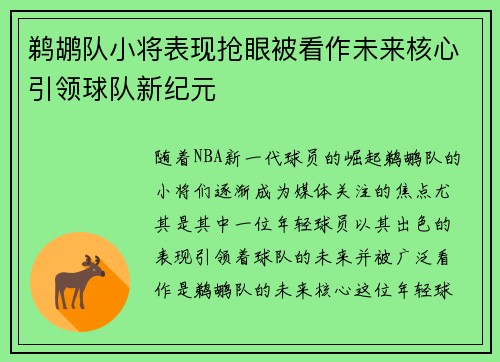 鹈鹕队小将表现抢眼被看作未来核心引领球队新纪元